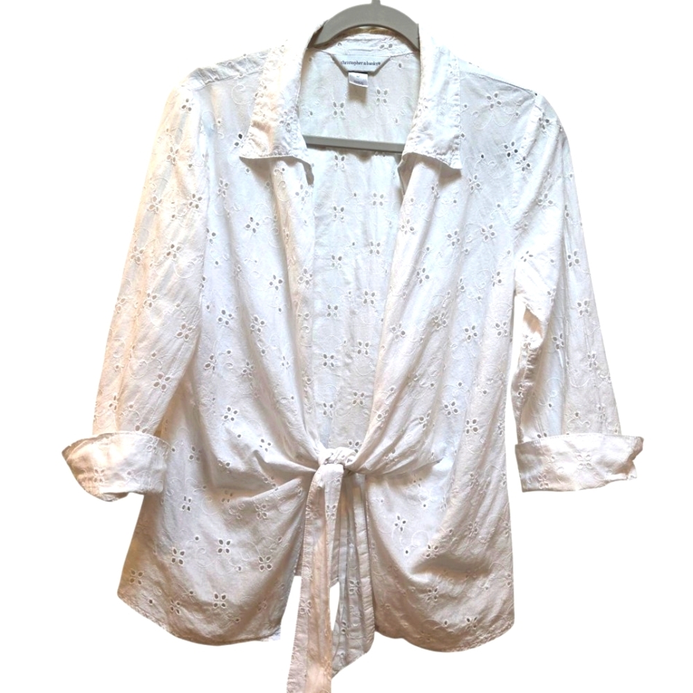 Christoper & Banks Eyelet Lace Tie Blouse Women's White 3/4 Sleeve Cotton Size M